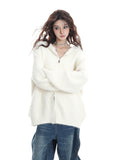 Fongt Autumn White Double Zipper Hooded Stingy Sweater Cardigan Soft Mashed Sweet Hot Girl Blouse