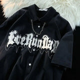 Gothic Towel Embroidery Y2K Chain Shirt Mens Oversized Short Sleeve Casual Blouse Hip Hop Brand Button Up Shirts Solid-Outfit