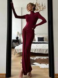 Turtleneck Long Sleeve Wrap Maxi Dress-Outfit