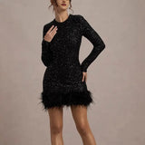 Fongt Women's Dress Sexy Dress Long Sleeve Solid Color Sequin Feather Dress Round Collar Woman 8102