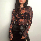 Moon Printed Transparent Mesh Sexy T-Shirt Women O-Neck Long Sleeve Slim Basic Casual Female Tops 2019 Spring