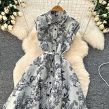 Fongt New Women's High-End Elegant Dress Women's Collar Sleeveless Single Buckle Ink Painting Long Dress