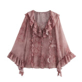 Fongt Spring/Summer Blouse With V-Neck Folding Animal Pattern Printed Women's Long-Sleeved Shirt