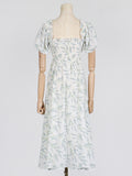 Fongt 2025 New Temperament Elegant Square Tie With Belt Print Bubble Sleeve High-End Long Dress