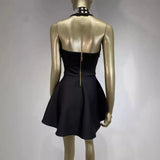 Star Of The Same Sexy Hanging Neck Small Black Dress Body Waist Nail Dew Back A-Character Dress Women's Party