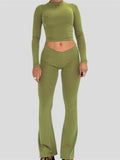 Spring Fall 2 Pieces Women Outfits Solid Color O-neck Long Sleeve Slim Fit Basic T-Shirts Tops Long Flared Pants 2023-Outfit