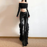 Fongt Summer High-Rise Street Fashion Hottie Mesh Splicing Design PU Leather Trumpet Trousers Women
