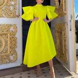 Summer Double-layer Ruffle Ruffled Sleeve Solid Color Wide Hem Dress