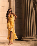 Yellow Ruffles Hem Strappy Midi Dress-Outfit