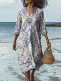 Fongt Women's Beach Vacation Digital Print V-Neck Dress Seaside