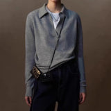 Fongt And Winter Gray Bottom V-Neck Small Collar Wool Sweater Women Loose High-End Knitted Shirt With Long Sleeve Top