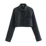 Trend Women's Lapel Long Sleeves Chest Pocket Short Shirt Single-Breasted Solid Color Blouse-Outfit