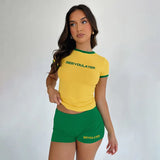Fongt Style Hottie Contrast Color Fashion Suit Letter Print T-Shirt Tight Sports Shorts Two-Piece Set-Outfit