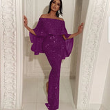 Fongt New Back Big Flounce Wrapped Chest One-Word Shoulder Dress Blingbling Wrap Buttock Slit Evening Dress-Outfit