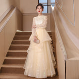 Fongt Dress Light Luxury Niche Banquet Host Graduation Dress 2025 New Champagne Long-Sleeved Art Exam Dress