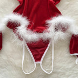 Red Velvet Fur Bodysuit Christmas Lingerie-Outfit