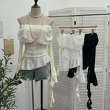 The Ballet Style Shoulder Fold Texture Texture Coat Irregularly Ribbon Horn Sleeve Short Shirt