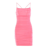Pink Spaghetti Strap Ruched Sexy Mesh