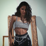 Shiny Diamante Tank Top Women Low Neckline Backless Bling Rhinestone Patchwork Crop Top Night Club Chic Lady Tank