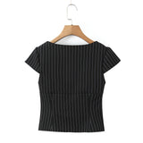 Striped Square Neck Short Sleeve Double Zipper Top-Outfit