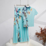 Fongt Fashion Set Women's Summer French High-Grade Folding Print Short-Sleeved Top + Loose A Word 100-Fold Long Skirt