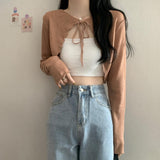 Short Cardigan Women Long Sleeve Thin Open Stitch Knitted Sweater Shirts Female Solid Shawl-Outfit