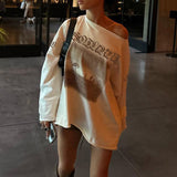 Breeze Loose Retro Print Shoulder-Exposed Long-Sleeved T-Shirt Summer Slant Collar Small Sexy Casual Blouse-Outfit