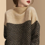 Autumn Winter Vintage Striped Patchwork Loose Knitted Sweaters Female Fashion Korean Warm Thick Half High Collar Jumpers-Outfit