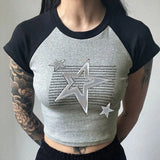 Fongt Girls Basic Top 2023 Summer Metal Five-Pointed Star Print Rotator Sleeve Contrast Color Round Collar-Outfit