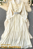 Women Chiffon Dress Elegant Long Sleeve Lapel Ruffles Party Dresses Ladies High Waist Pleated Solid Long