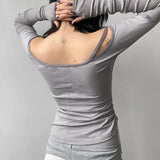 Fongt Stitching Rope Tie Function Wind A Word Collar Top Female Shoulder Solid Color Slim Versatile Top-Outfit