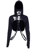 Dark Mall Gothic Skull Print Women Cropped Hoodies Grunge Punk Aesthetic Black Autumn Winter Pullovers Sexy Emo Alt