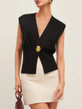 Fongt Women's Elegant Casual Knitted Vest Deep V Collar Simple Fashion Commuting Temperament Top