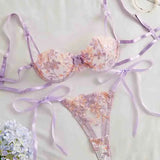 Ribbon Tie Up Embroidery Flower Half Cup Lingerie Set-Outfit