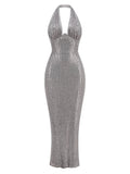 Halter Deep V Neck Sequin Maxi Dress-Outfit
