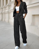 Fongt Women's Temperament Casual Stripe Short Lapel Suit Straight Pants