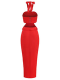 Red Flower Ruffles Halter Maxi Dress-Outfit