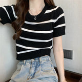 Fongt Knitted Short-Sleeved T-Shirt For Women's Summer 2023 New Design Sense Slimmed Shoulders Short