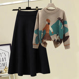 Winter Warm Knitted Two Pieces Sets For Women Long Sleeve Print Sweater And High Waist Knitting Skirts Set Womens