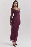 Burgundy Sheer Long Sleeve Bodycon Maxi Dress-Outfit