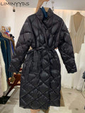 Winter Women's Black Long Coat Cotton Padded Jacket Korean Casual Loose Street Style Belt Jacket