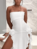 Split Ruffle Mesh Bandeau Maxi Dress-Outfit