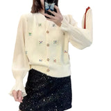 Early Spring New Heavy Industry Color Button Three-Dimensional Diamond Bead Knitted Cardigan Women's Color Spliced Sleeve Short Blouse-Outfit