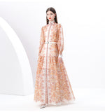 Fongt Early Spring Holiday Wind Collar Lantern Sleeve Print Single Buckle Waist Dress Female Pressure Fold Elegant Long Dress