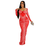 Fashion Women's Hot Diamond Mesh Perspective Long Sleeve Dress-Outfit