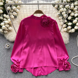 Shirt Female Design Sense Three-Dimensional Flower Long Sleeve Temperament Satin Shirt Spring Dress New Jacket Is Versatile-Outfit