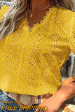 Hollow Lace Blouse Women Elegant Vintage Shirts Puff Sleeve Tops Pullover White Women Fashion V-neck Solid Shirt