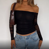 Girl Shoulder Net Pleated Solid Color Blouse Short Low-Collar Long-Sleeved T-Shirt With Exposed Navel-Outfit