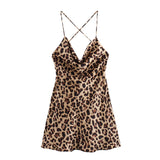 New Spring Animal Print Silk Satin Back Halter Dress-Outfit
