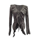 Dark Wind To Make Old Hole Horn Long Sleeve Open Shirt Tie With Lotus Leaf Side V Collar Sunscreen Shirt